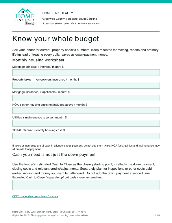 Actual buyer budget worksheet from the free Home Link Realty kit