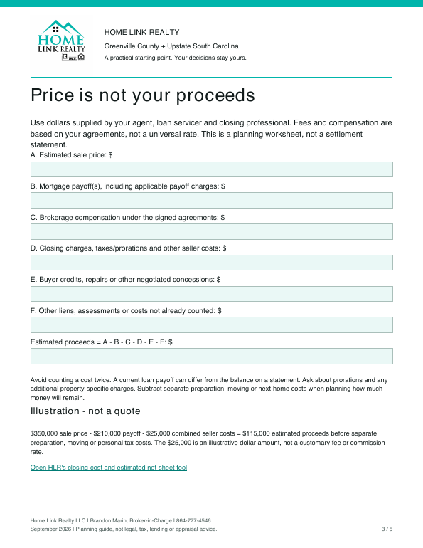 Actual seller proceeds worksheet from the free Home Link Realty kit